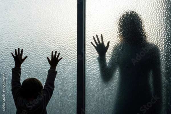 Fototapeta Child and mother silhouette behind frosted glass window family separation anxiety concept photography