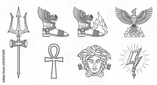 Fototapeta Mythological Symbols: Trident, Winged Boots, Phoenix, Ankh, Medusa, Lightning Bolt.