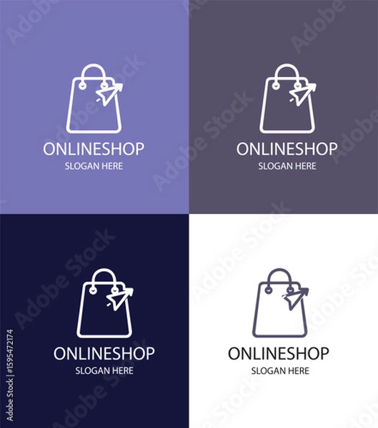 Fototapeta A sleek collection of four logo designs for an online shop, featuring a shopping bag and airplane motif. Each design presents a modern aesthetic with varying color backgrounds, making it ideal for e-c