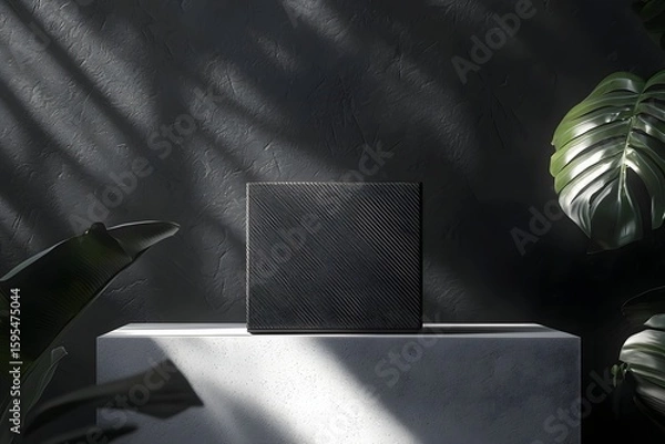 Fototapeta Dark Textured Square on Concrete Pedestal: Minimalist Product Display Background