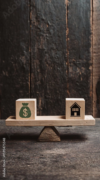 Fototapeta Wooden cubes with money and house symbols balanced on a scale image