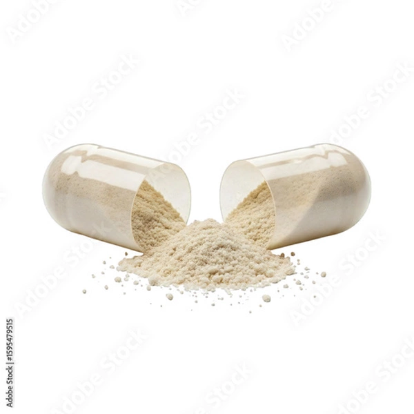 Fototapeta Open capsule with powdered medicine spilling, showcasing pharmaceutical quality on transparent background