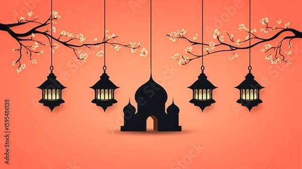 Fototapeta Silhouette mosque and lanterns hanging from a branch with blossoms.