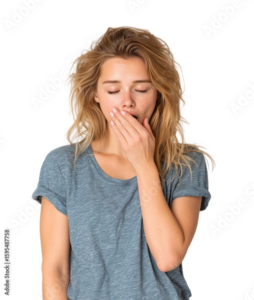Obraz A sleepy young woman is yawning with her hand covering her mouth in a half-length portrait, isolated on a transparent background.