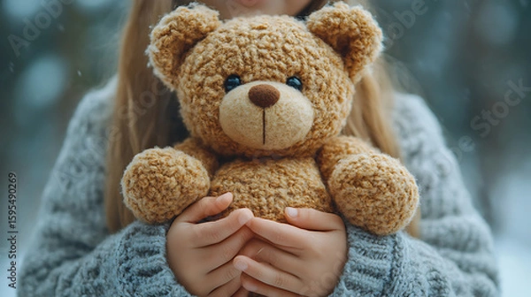 Fototapeta Child Hugging Teddy Bear in Winter Wonderland