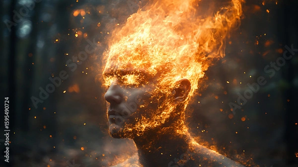 Fototapeta Man engulfed in flames, fiery head, mystical burning figure
