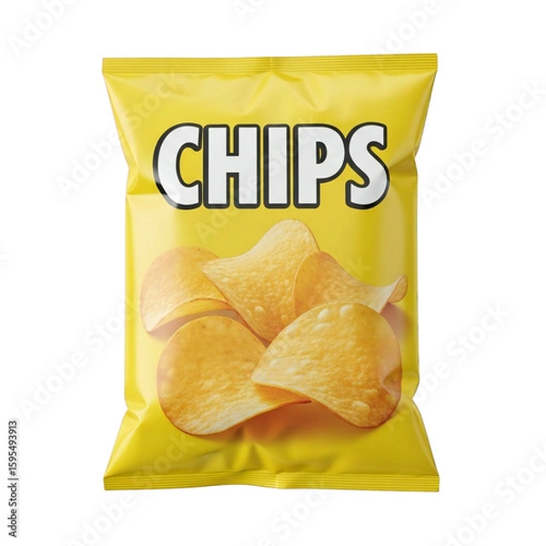 Fototapeta Bright yellow potato chips bag with delicious crispy chips displayed prominently on transparent background