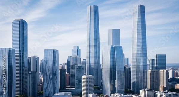 Fototapeta A modern city skyline showcasing towering skyscrapers under a bright, sunny sky.