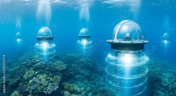 Fototapeta Underwater structures emitting light, possibly for scientific research or habitat restoration.