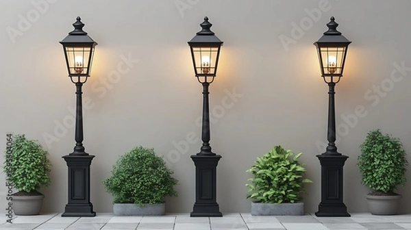 Fototapeta Three black street lamps with greenery in planters.