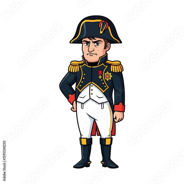 Obraz Cartoon depiction of Napoleon Bonaparte in full military uniform, standing with a stern expression and hand on hip.