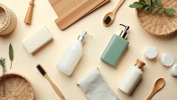 Fototapeta Flat lay of natural household and personal care items: soap, wood, and cotton balls on a cream background. Clean, natural, minimalist concept.
