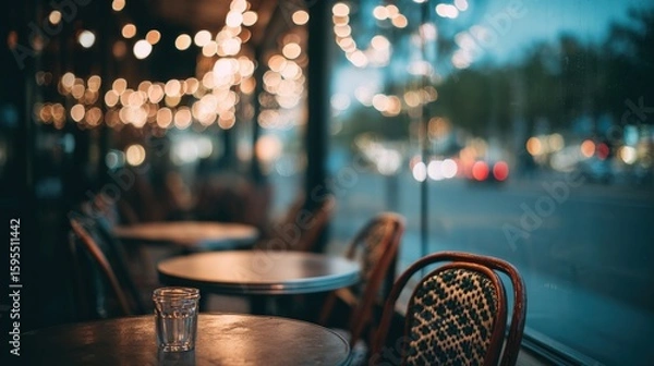 Obraz Cozy Café Ambiance with Soft Bokeh Lights and Empty Tables