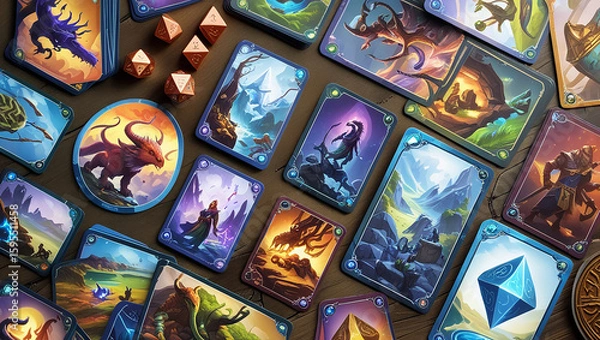 Fototapeta a collection of collectible card games (TCG/CCG) or board games with detailed fantasy illustrations