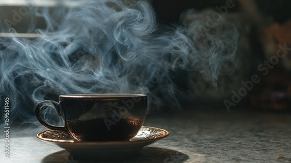 Obraz Steaming Coffee Cup on Countertop with Swirling Vapor Above