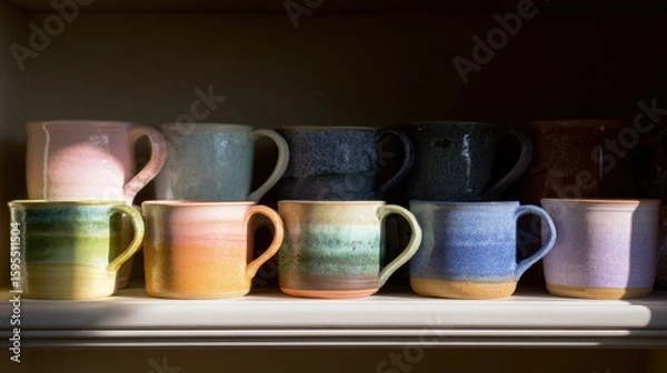 Obraz Colorful Ceramic Mugs Displayed on Shelf with Soft Lighting