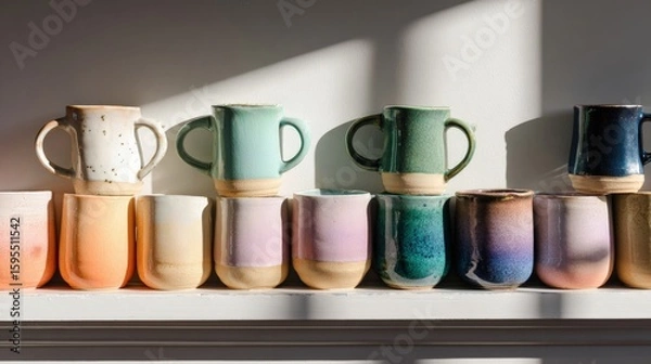Obraz Colorful Handmade Ceramic Mugs Displayed on a Bright Shelf