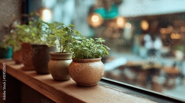 Obraz Fresh Herbs in Cozy Pots on Window Sill with Raindrops Outside