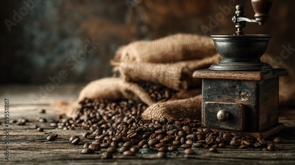 Obraz Rustic Coffee Grinder with Beans and Burlap on Wooden Surface
