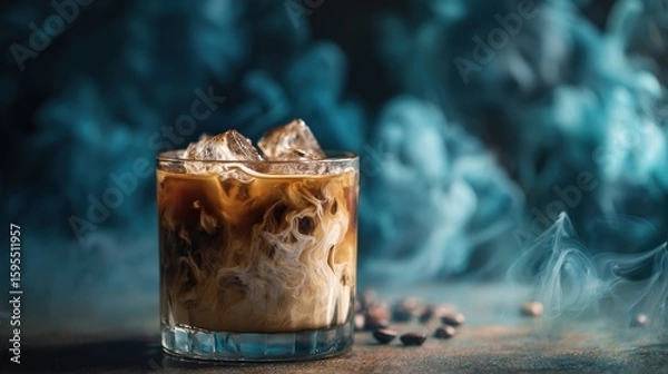 Obraz Refreshing Iced Coffee with Cream Swirls and Smoke Background
