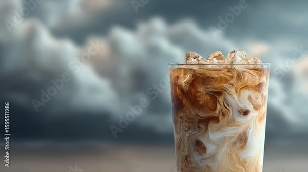 Obraz Refreshing Iced Coffee with Cream Swirl Against Dramatic Clouds