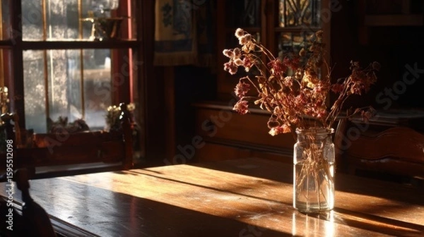 Obraz Dried flowers in a glass vase on a wooden table with sunlight