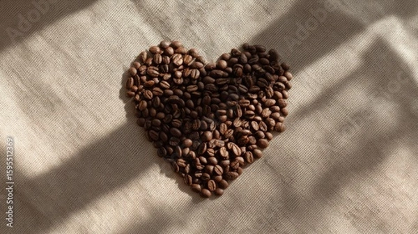 Obraz Heart Shape Made of Coffee Beans on Neutral Fabric Background