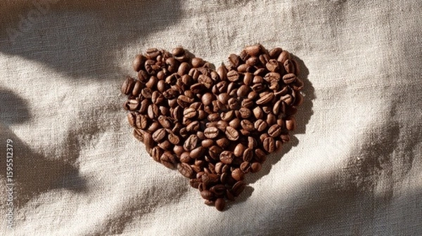 Obraz Heart Shape Made of Coffee Beans on Rustic Fabric Background