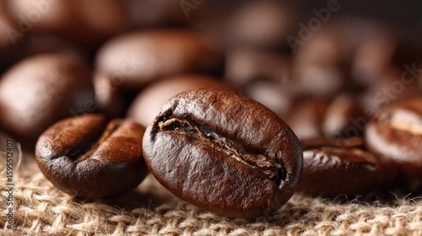 Obraz Close-up View of Freshly Roasted Coffee Beans on Burlap Background