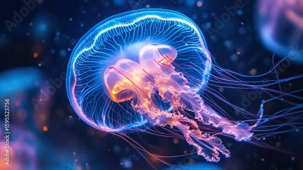 Fototapeta A glowing blue and purple jellyfish floats gracefully underwater, its translucent bell and tentacles illuminated against a dark, blurred background.