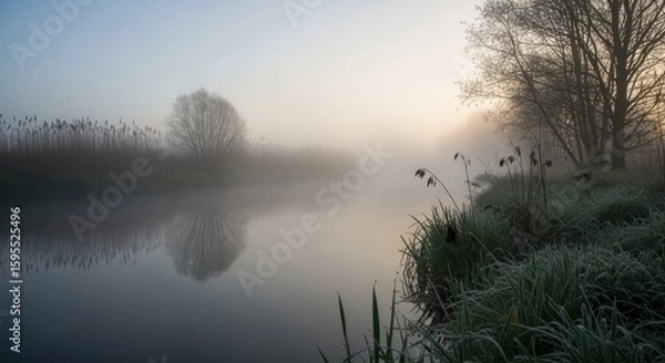 Obraz Misty Morning Riverbank with Trees and Soft Light