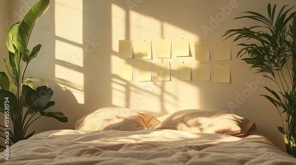 Fototapeta A sunlit bedroom with a cozy bed, beige linens, and plants on either side; sticky notes are arranged on the wall above the headboard.