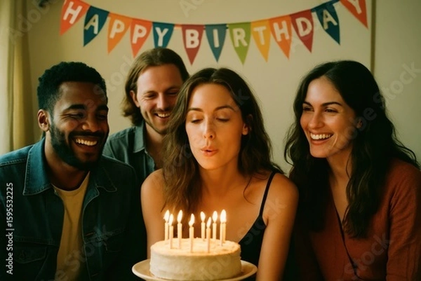 Fototapeta Group of friends celebrating a birthday with a cake and candles. Perfect for birthday party themes, family gatherings, or festive marketing.