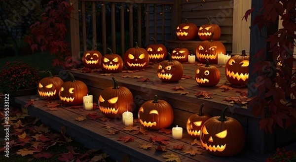 Obraz Glowing pumpkins with eerie faces sitting on a leaf-covered porch, symbolizing traditional Halloween decor in an autumn setting, stock photography style.
