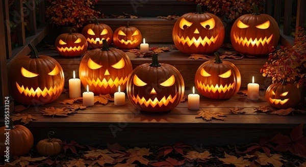 Obraz Jack-o'-lanterns lit from within, placed on a cozy wooden porch with scattered fall leaves, creating a mysterious Halloween night vibe, stock photography style.
