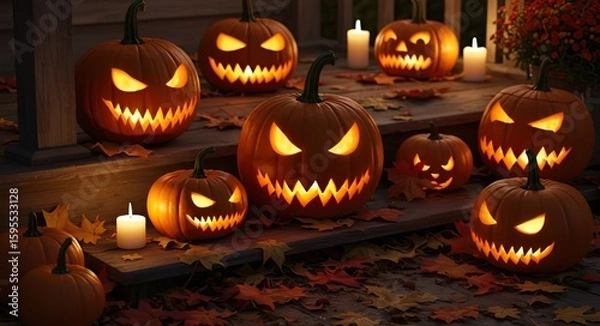 Obraz Carved pumpkins with spooky faces glowing warmly on a rustic wooden porch, surrounded by colorful autumn leaves. Halloween atmosphere, stock photography style.
