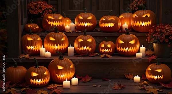 Obraz Pumpkins carved with spooky faces, glowing with candlelight on a wooden porch surrounded by autumn leaves, stock photography style.