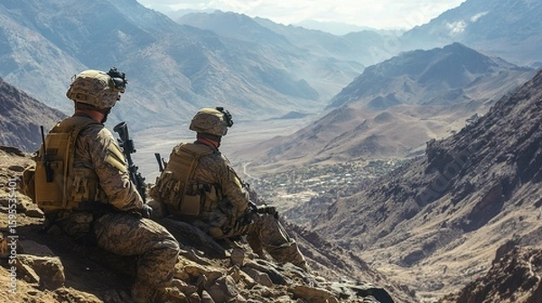 Fototapeta Two soldiers sit on rocky terrain overlooking a vast mountainous valley under a partly cloudy sky.