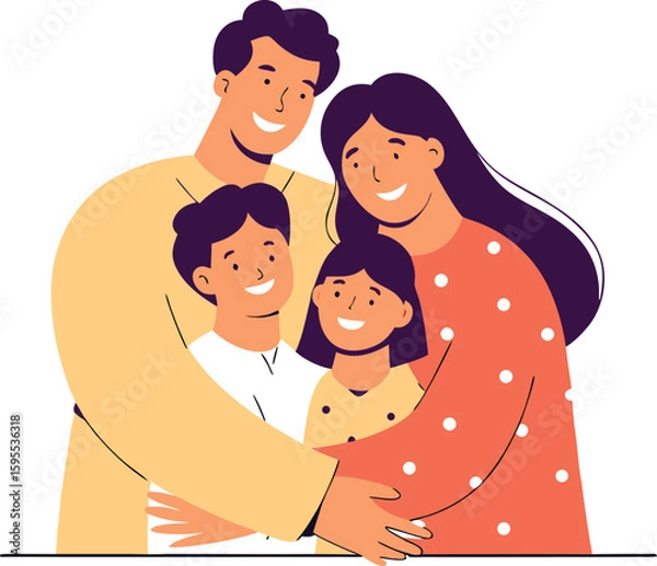 Fototapeta Happy family of four hugging each other, expressing love and togetherness with smiles