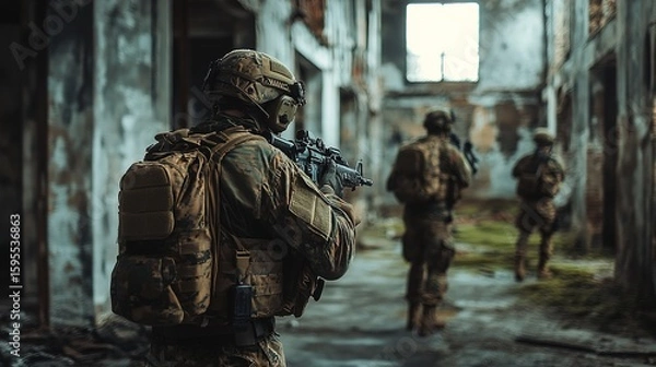 Fototapeta Soldiers in tactical gear navigate an abandoned, dilapidated building during a military operation or training exercise.