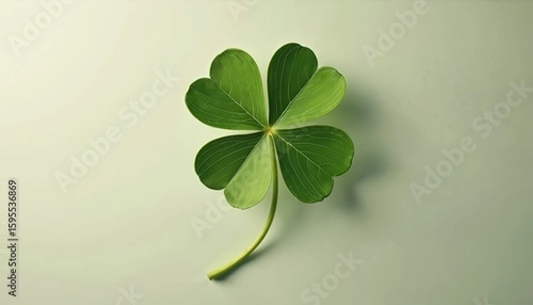 Fototapeta Four-leaf clover detailed closeup on soft neutral background. Vibrant green leaves with subtle veins create a minimalist botanical symbol of luck and growth. Isolated plant stem.