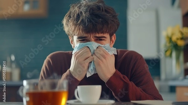 Fototapeta A young man sits at a table, holding tissues to his nose, appearing sick with a cup of tea and a glass of water in front of him.