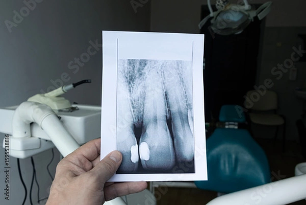 Fototapeta A dentist analyzes a dental X-ray printed on paper.