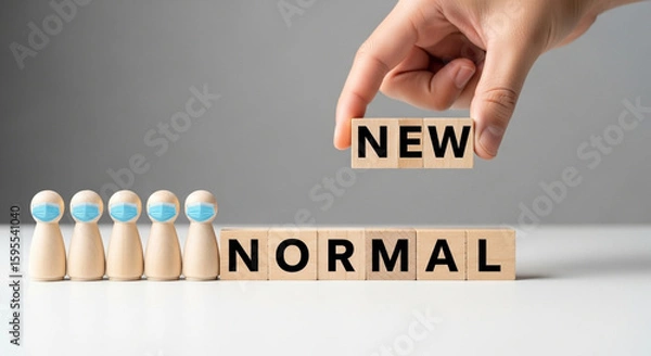 Fototapeta Disruptive change in the new normal era: Face-masked wooden doll with ‘NEW NORMAL’ blocks, post-COVID-19