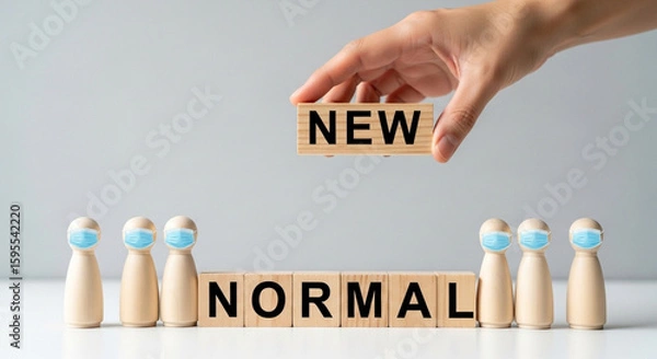 Fototapeta New Normal after COVID-19: Wooden mannequin with face mask and wooden blocks spelling change and disruption