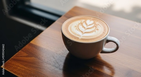 Obraz Aromatic latte art on a wooden table near a window.