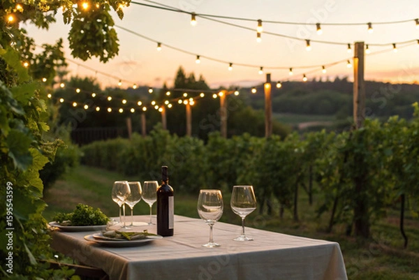 Fototapeta Romantic vineyard dinner party under string lights with wine glasses and bottle at sunset evening time