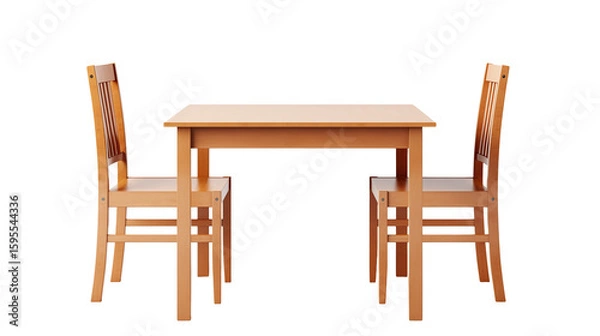 Fototapeta A light brown wooden table with two matching chairs set against a plain black background in a studio