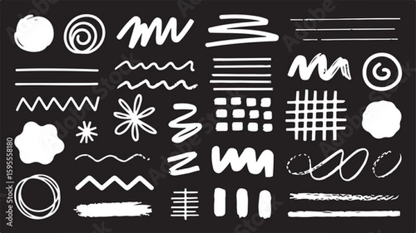 Fototapeta White abstract brush strokes and shapes on black background vector