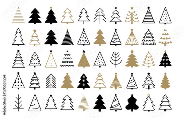 Fototapeta Collection of assorted christmas tree illustrations in black and gold with varying shapes and designs